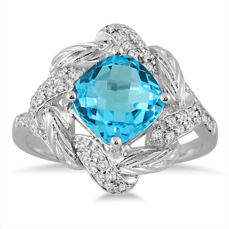 2.65 Carat Cushion Cut Blue Topaz and Genuine Diamond Ring in 10K White Gold