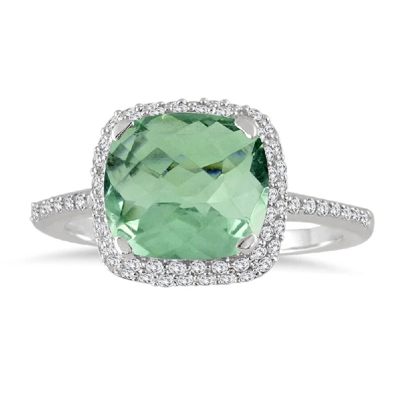 3 1/2 Carat Cushion Cut Green Amethyst and Diamond Halo Ring in 10K White Gold