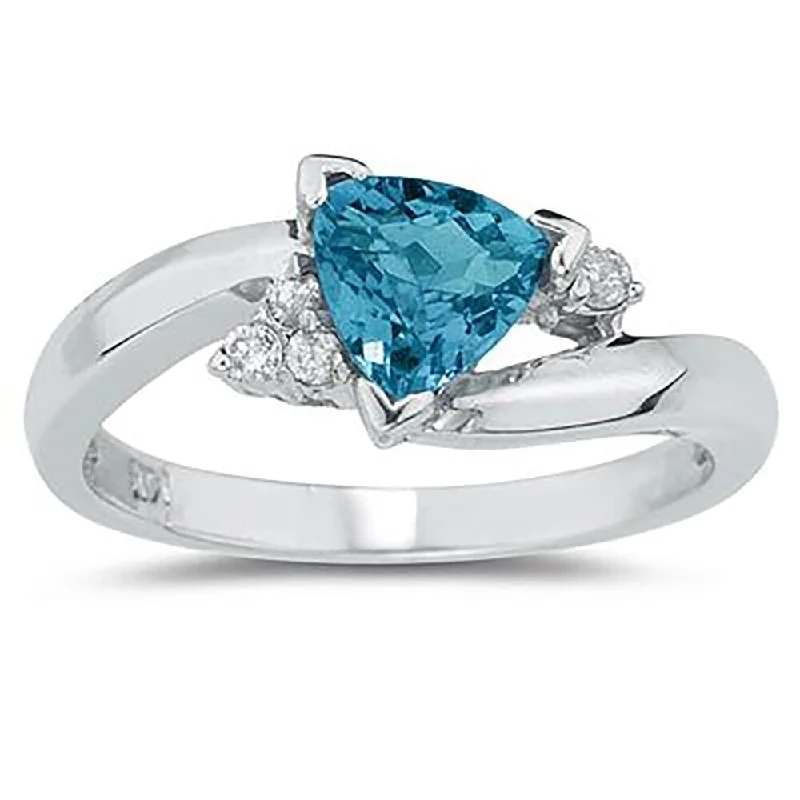 3/4 Carat Trillion Cut Blue Topaz and Diamond Ring in 14K White Gold