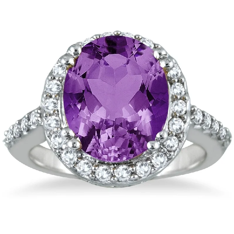 5 Carat Amethyst and Diamond Halo Ring in 14K White Gold