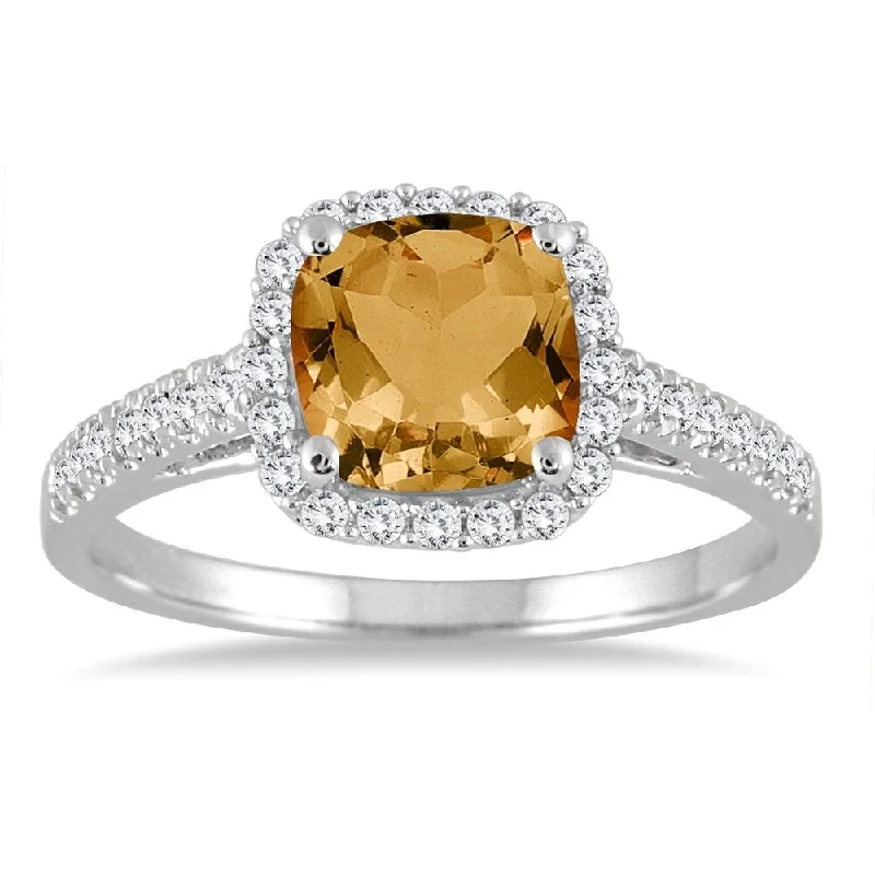 5MM Cushion Cut Citrine and Diamond Halo Ring in 10K White Gold