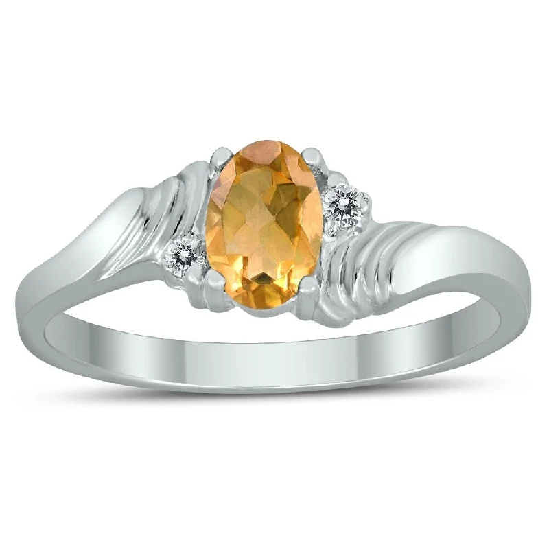 6X4MM Citrine and Diamond Wave Ring in 10K White Gold