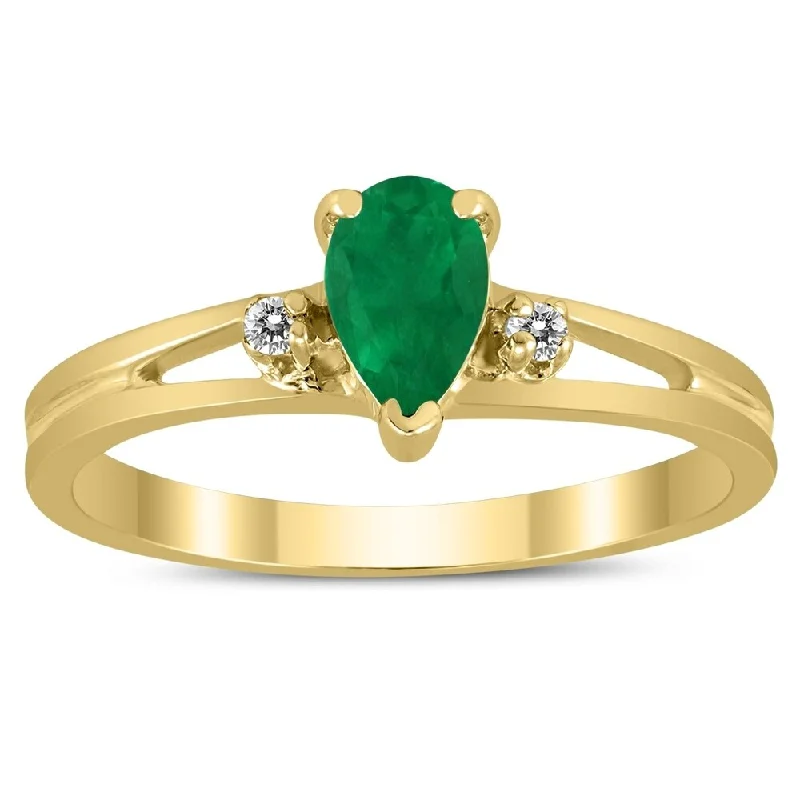 6X4MM Emerald and Diamond Pear Shaped Open Three Stone Ring in 10K Yellow Gold