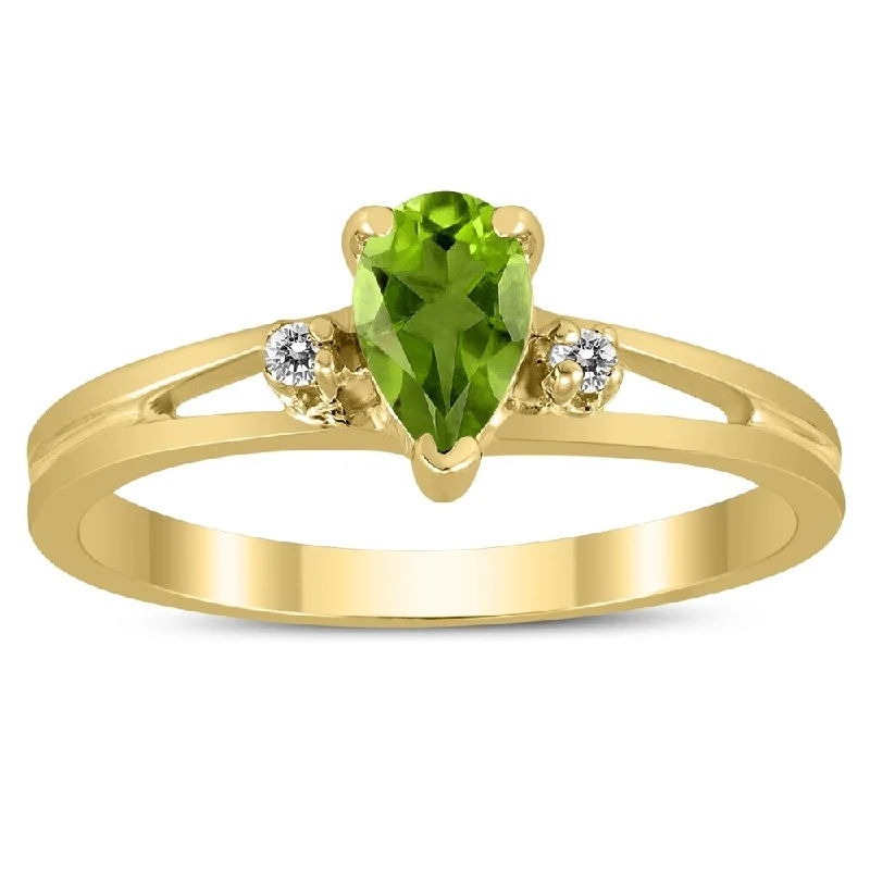 6X4MM Peridot and Diamond Pear Shaped Open Three Stone Ring in 10K Yellow Gold