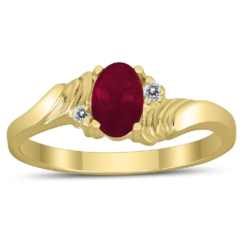 6X4MM Ruby and Diamond Wave Ring in 10K Yellow Gold