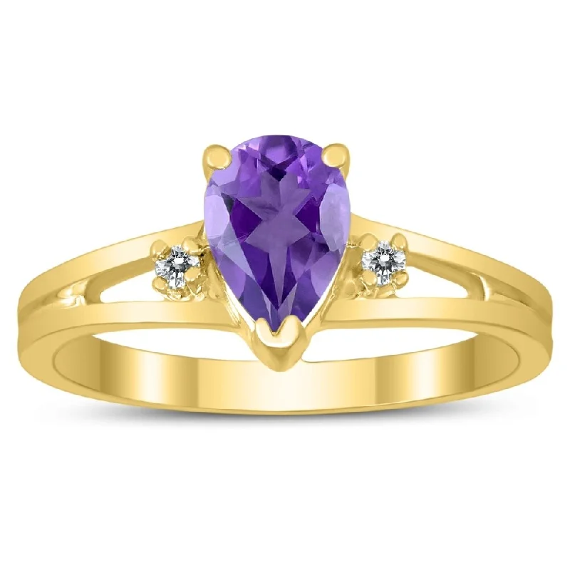 7X5MM Amethyst and Diamond Pear Shaped Open Three Stone Ring in 10K Yellow Gold