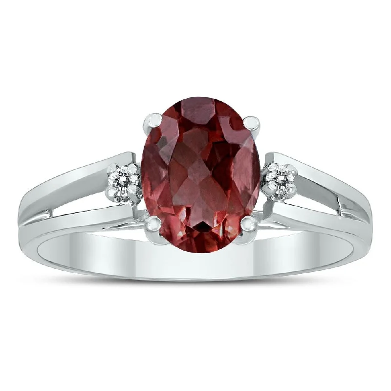 8X6MM Garnet and Diamond Open Three Stone Ring in 10K White Gold