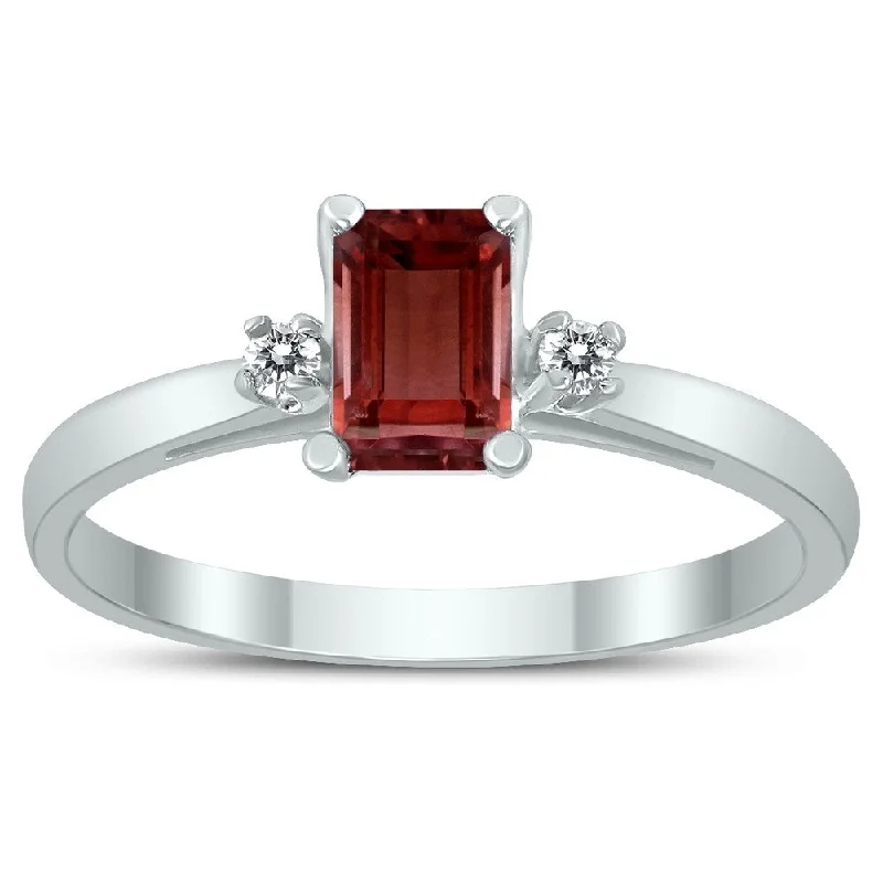 Emerald Cut 6X4MM Garnet and Diamond Three Stone Ring in 10K White Gold