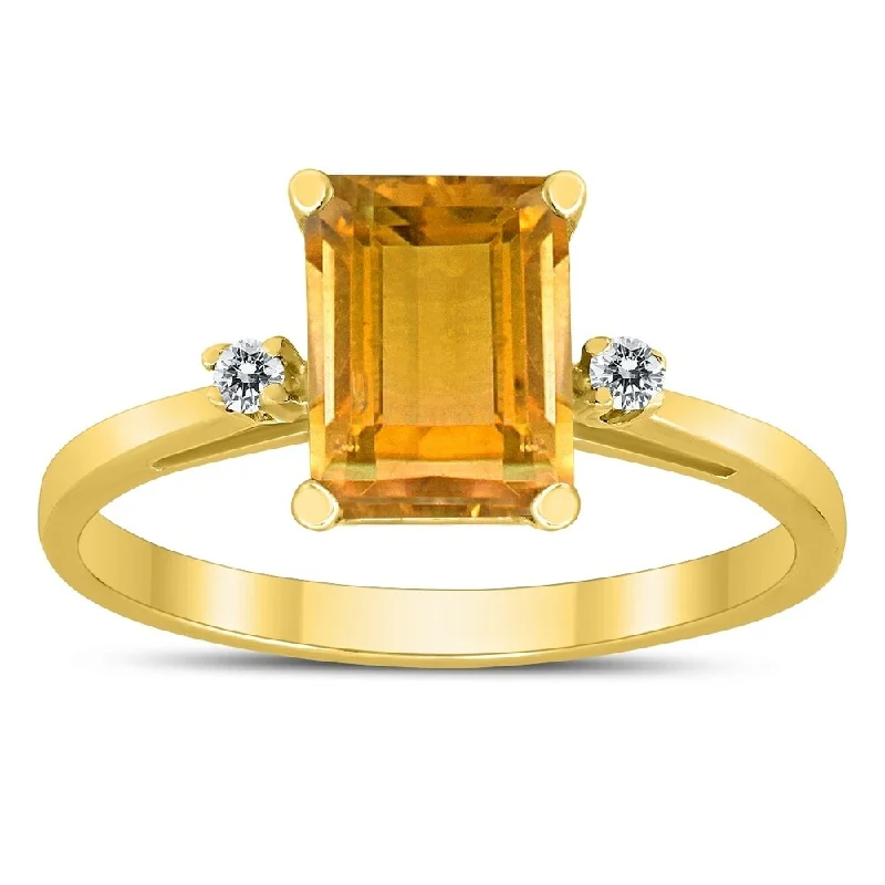 Emerald Cut 8X6MM Citrine and Diamond Three Stone Ring in 10K Yellow Gold