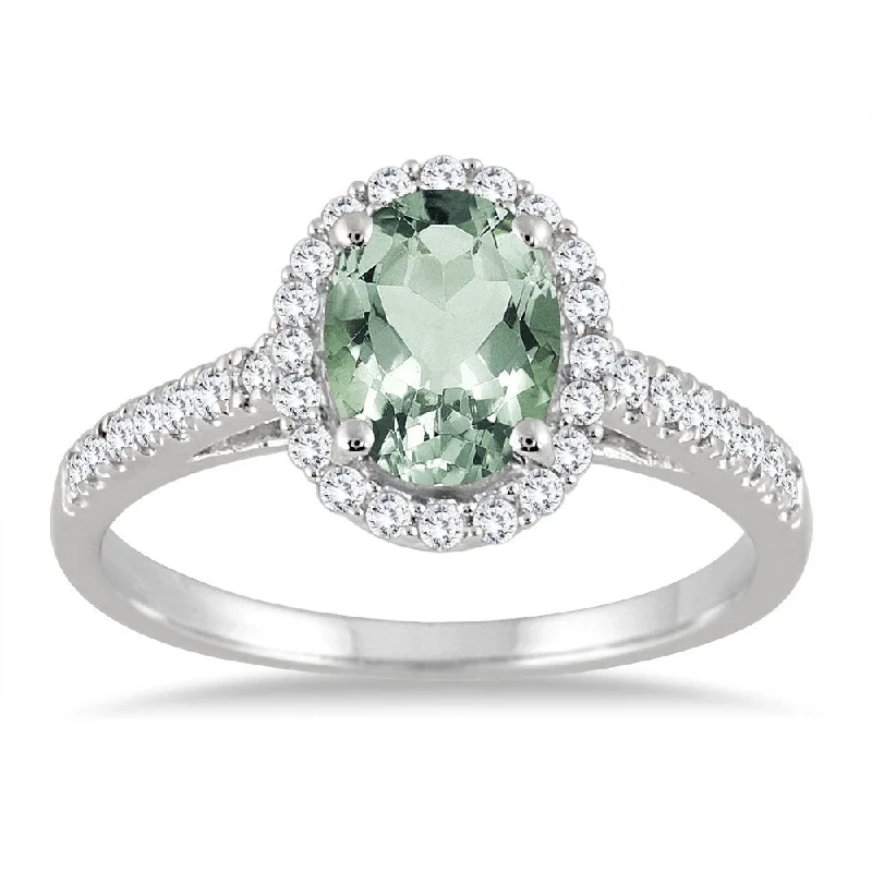 Green Amethyst and Diamond Halo Ring in 10K White Gold