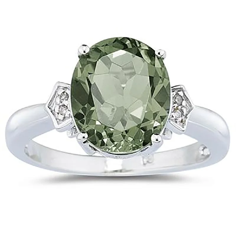 Green Amethyst & Diamond Ring in 10k White Gold