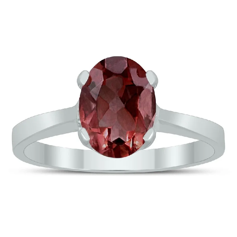 Oval Solitaire 8X6MM Garnet Ring in 10K White Gold