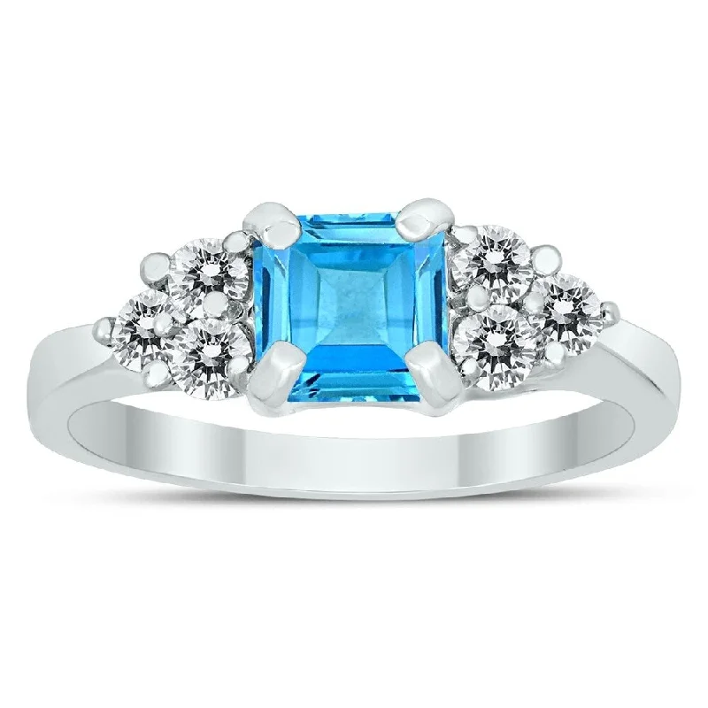 Princess Cut 6X6MM Blue Topaz and Diamond Duchess Ring in 10K White Gold