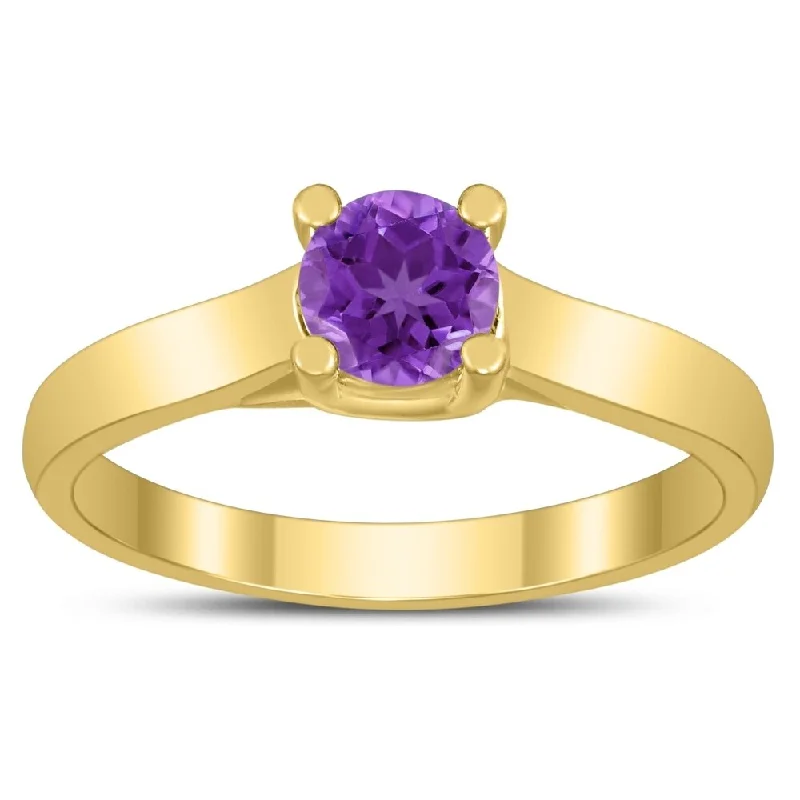 Round 5MM Amethyst Cathedral Solitaire Ring in 10K Yellow Gold