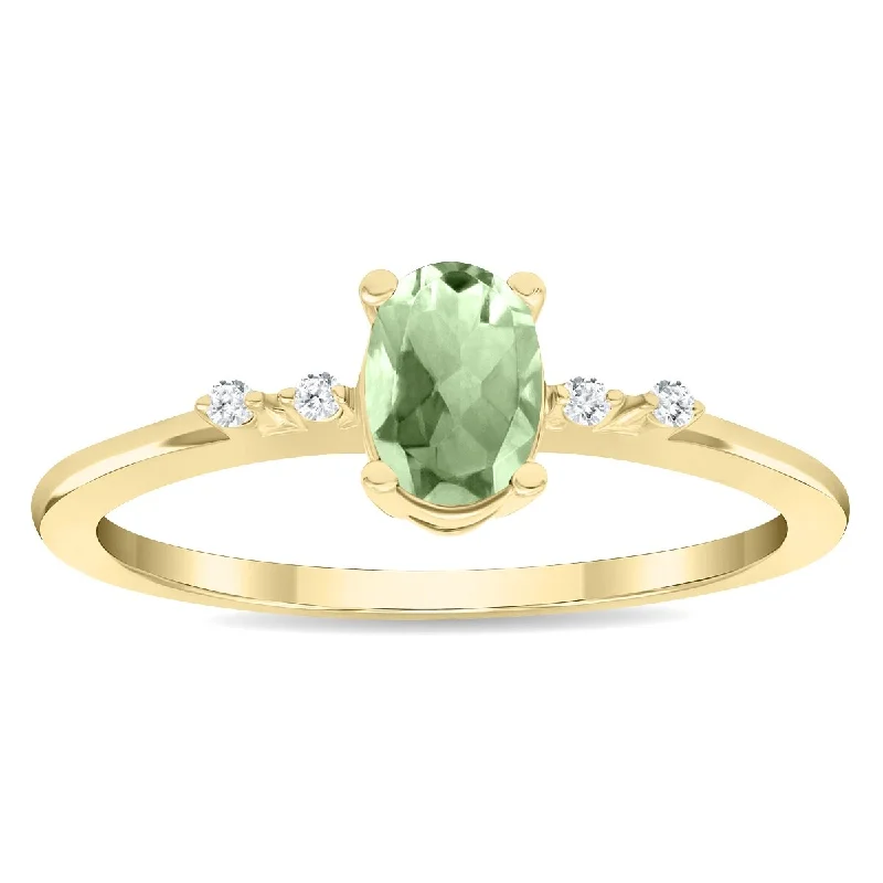 Women's Oval Shaped Green Amethyst and Diamond Sparkle Ring in 10K Yellow Gold