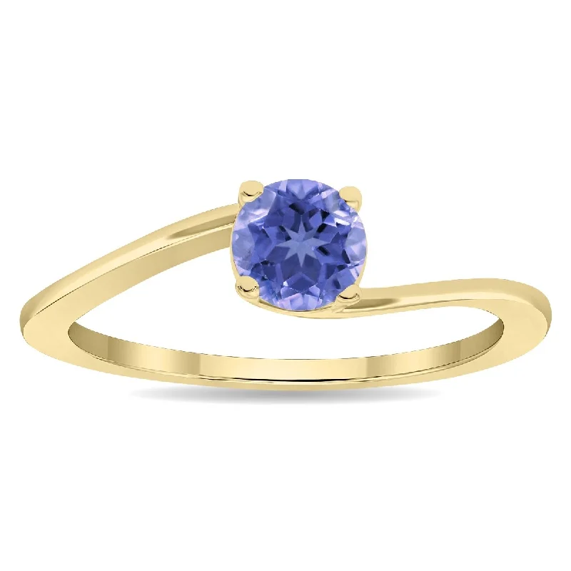 Women's Round Shaped Solitaire Tanzanite Wave Ring in 10K Yellow Gold