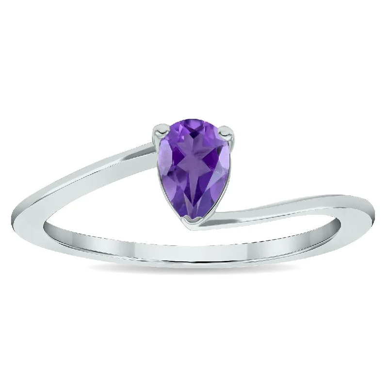 Women's Solitaire Amethyst Wave Ring in 10K White Gold