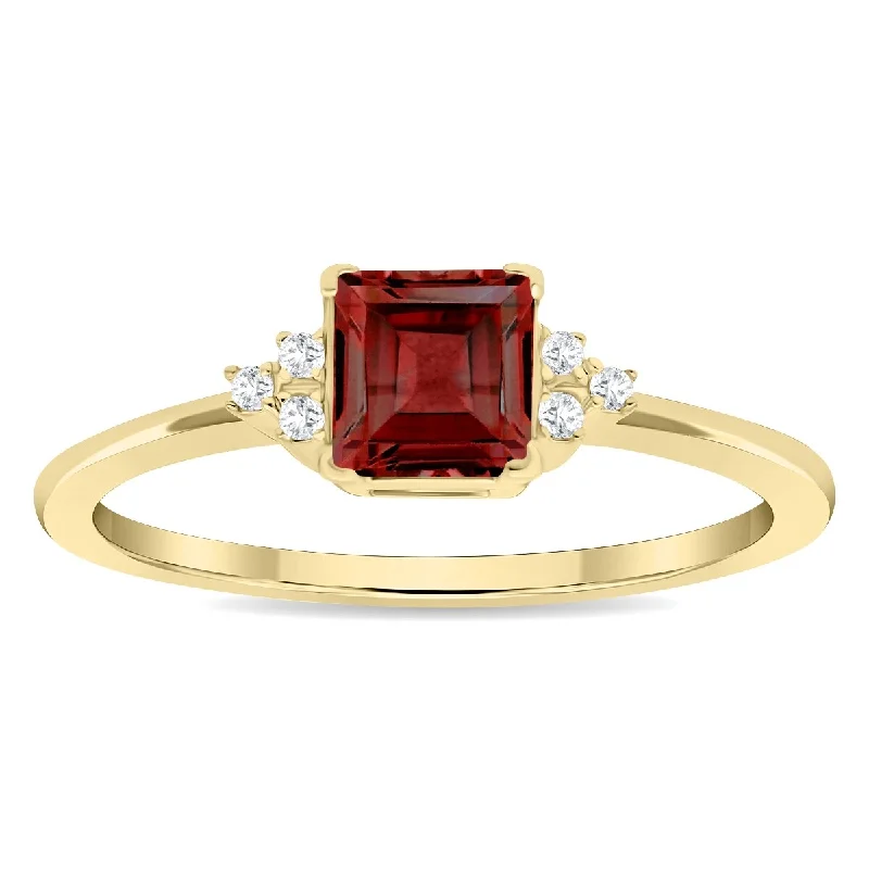 Women's Square Shaped Garnet and Diamond Half Moon Ring in 10K Yellow Gold