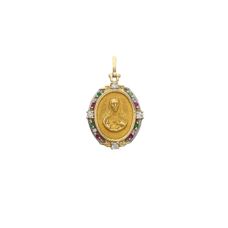 Colorful Sacred Heart Of Jesus Oval Medallion Pendant (14K)