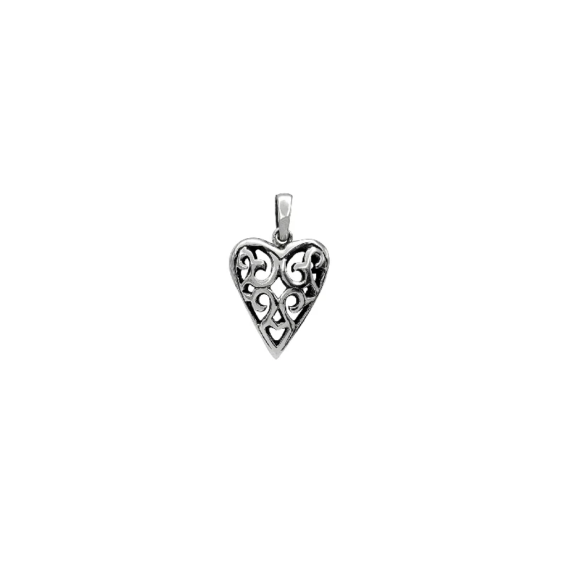 Filigree Outlined Textured Puffy Heart Pendant (Silver)