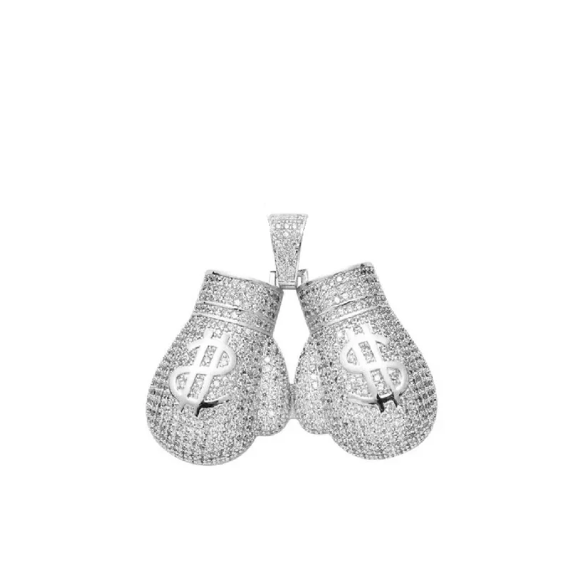 Iced-Out Dollar Boxing Glove Pendant (Silver)