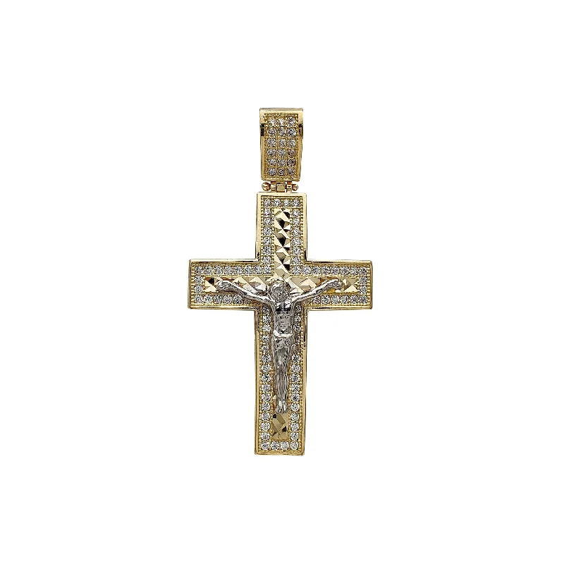 Iced-Out Faceted Cut Convex Crucifix Pendant (14K)