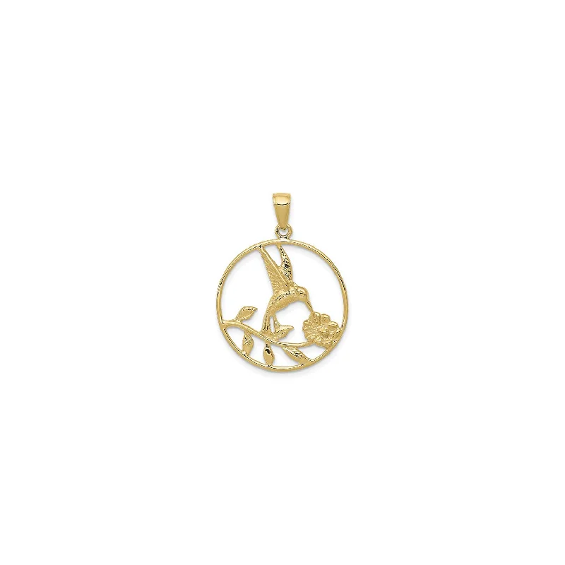 Nectar-Drinking Hummingbird Round Frame Pendant (14K)