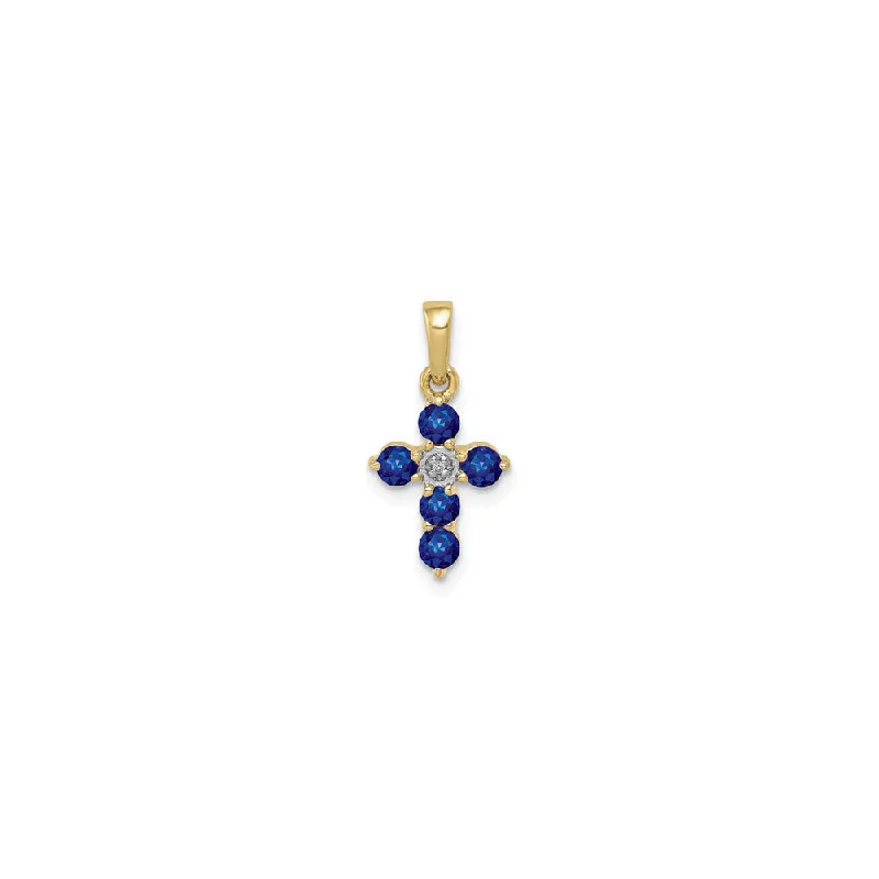 Petite Round Blue Sapphire and Diamond Cross Pendant (14K)