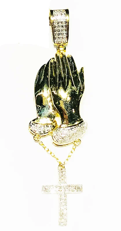 Praying Hands (w/ Hanging Diamond Cross) Pendant (10K)