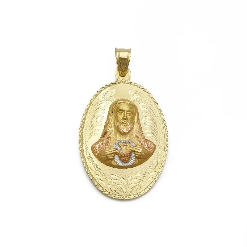 Reversible Sacred Heart of Jesus and Guadalupe Oval Pendant (14K)