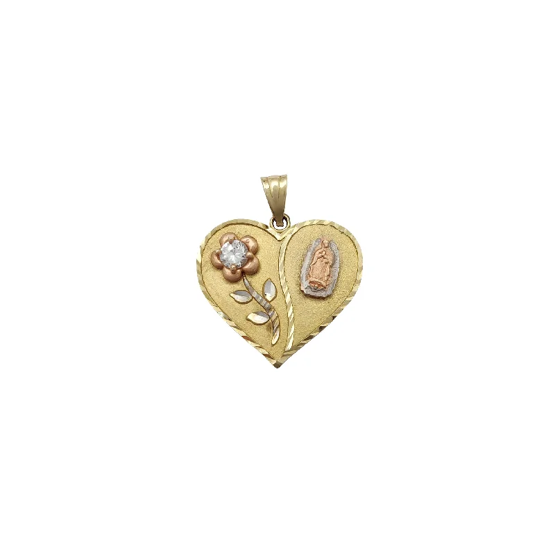 Stone-Set Rose Virgin Mary Heart Pendant (14K)