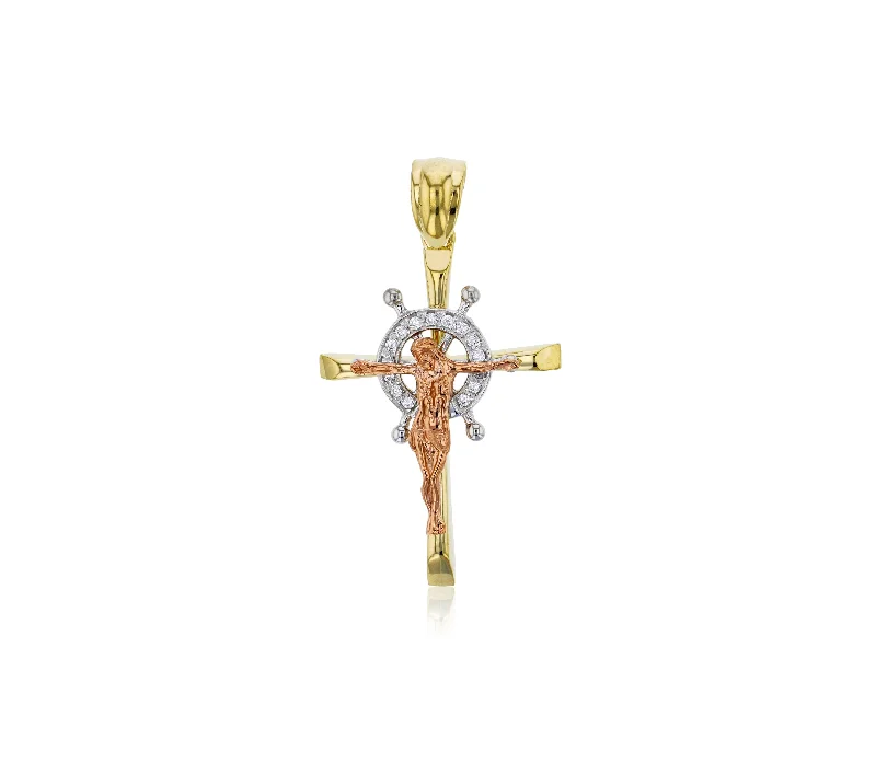 Tricolor Anchor Jesus Cross Pendant (14K)