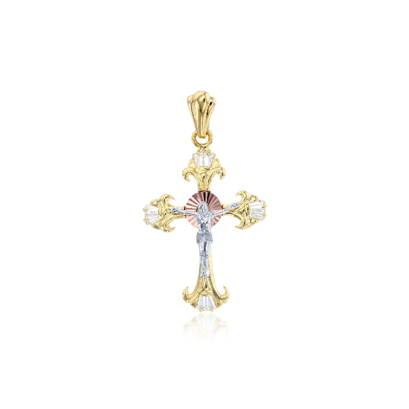 Tricolor CZ Jesus Cross Pendant (14K)