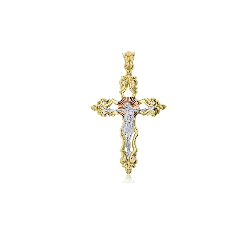 Tricolor Jesus Cross Pendant (14k)