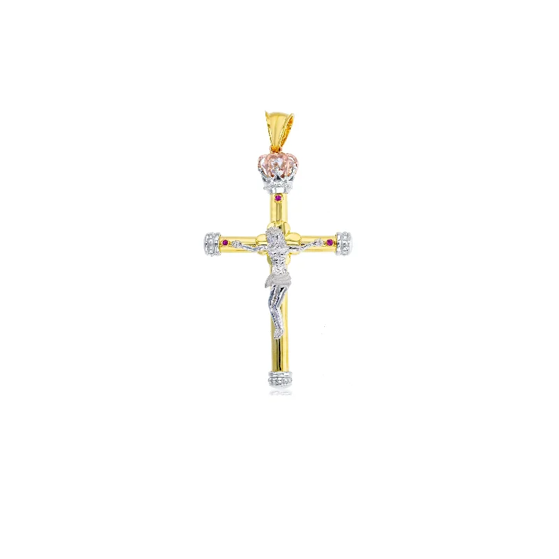 Tricolor Red CZ Jesus Cross Pendant (14K)