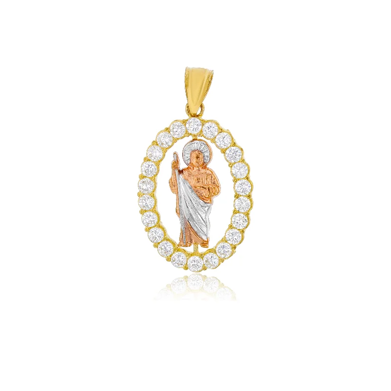 Tricolor Saint Jude Oval CZ Frame Pendant (14K)