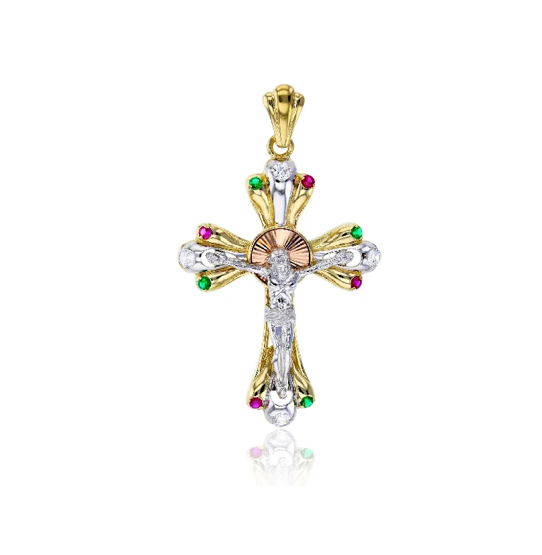 Tricolor Stone-set Jesus Cross Pendant (14K)