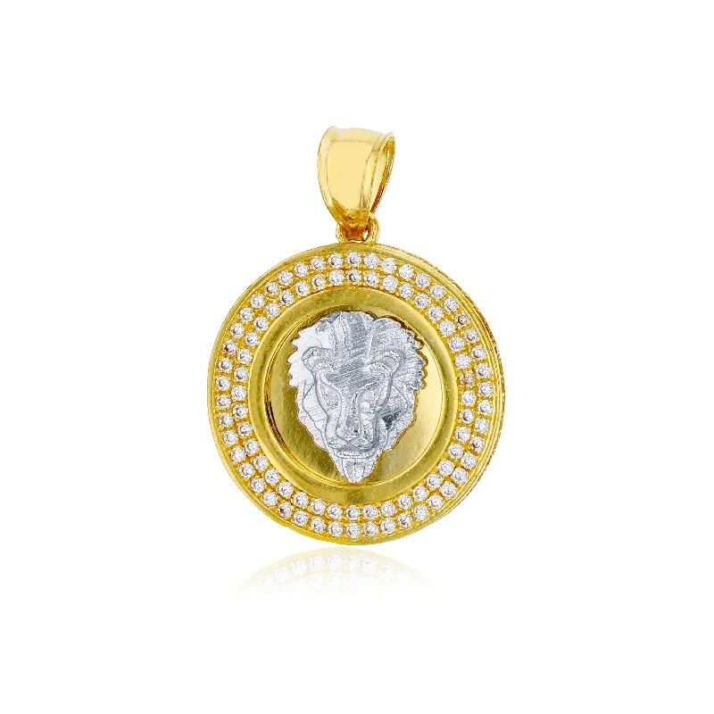 Two-tone CZ Micropave Lion Head Circle Pendant (14K)