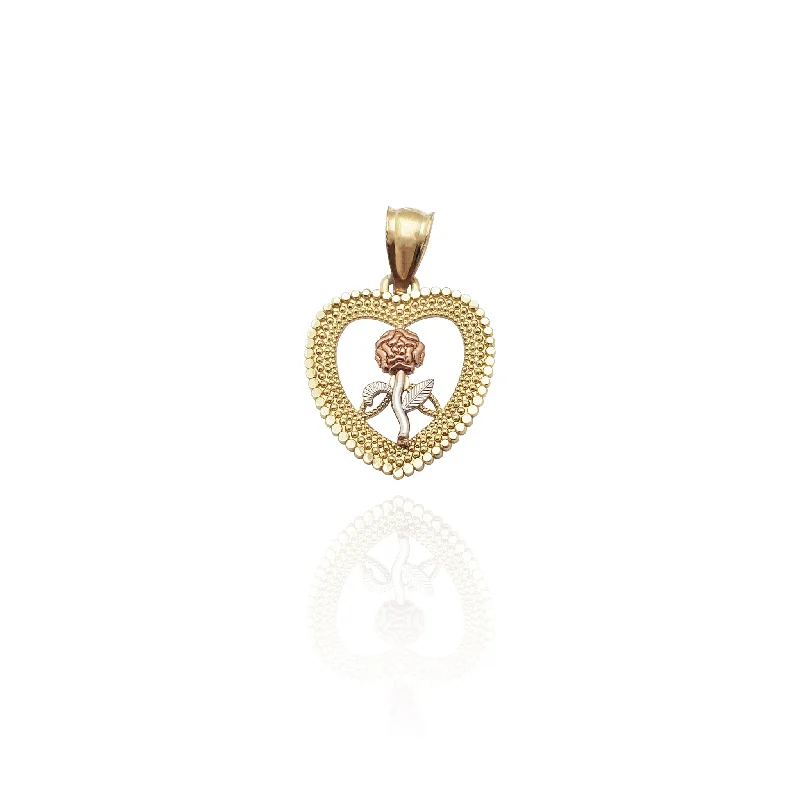 Beaded Heart Frame Flower Pendant (14K)