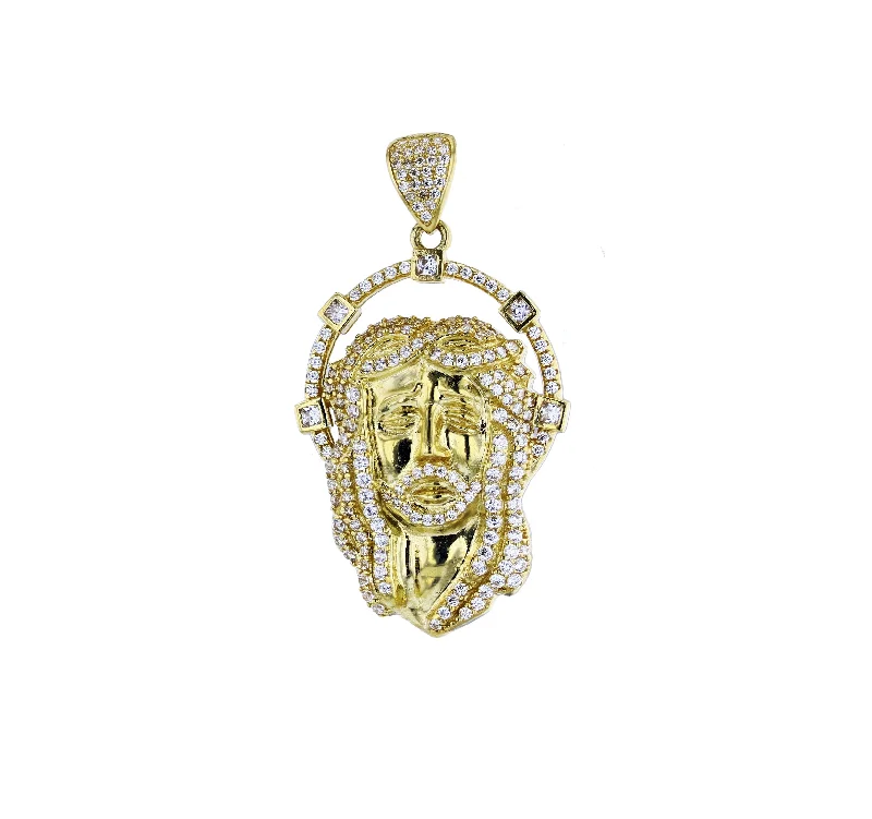 Yellow Gold CZ Micropave Jesus Head Pendant (14K)