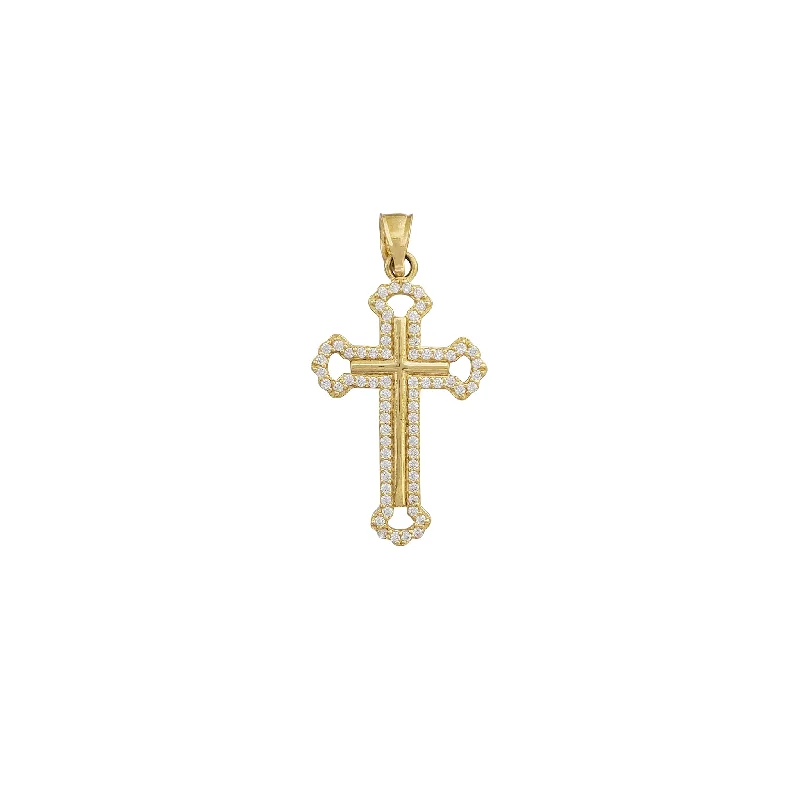 Zirconia Budded Outlined Cross Pendant (14K)