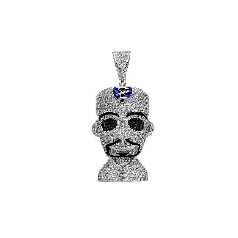 Zirconia Iced-Out Man with Beard & Stitched Heart Hat Pendant (Silver)